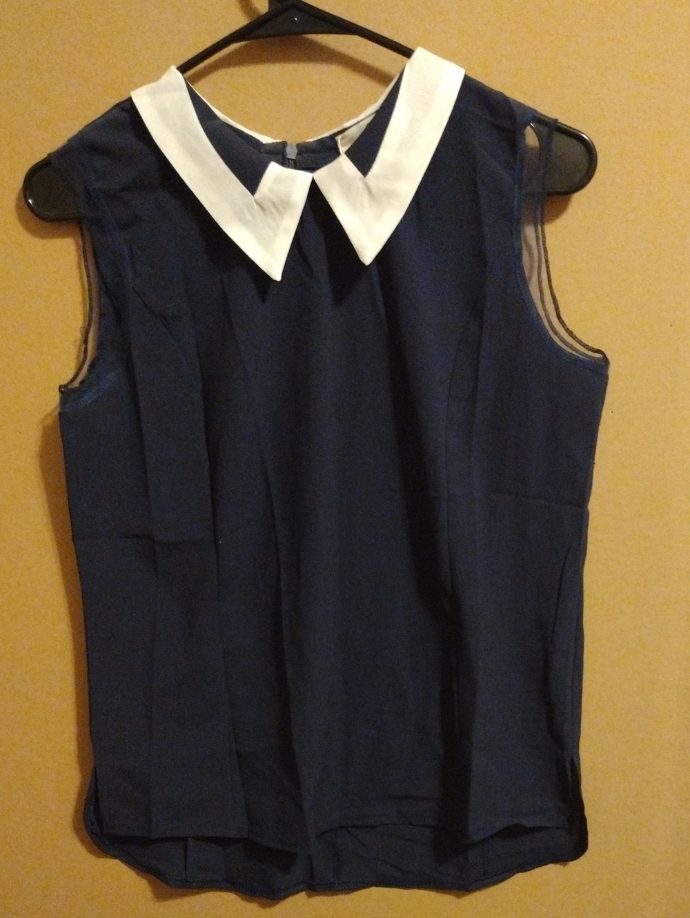 New Sleeveless Navy ChiffonTop with White Pointed Collar